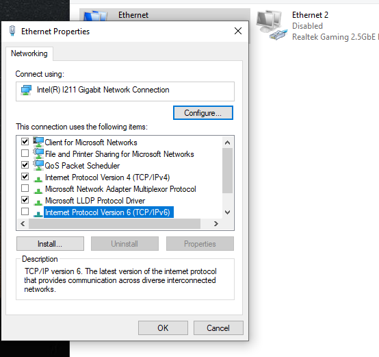 IPv6 Disabled in Ethernet Adapter